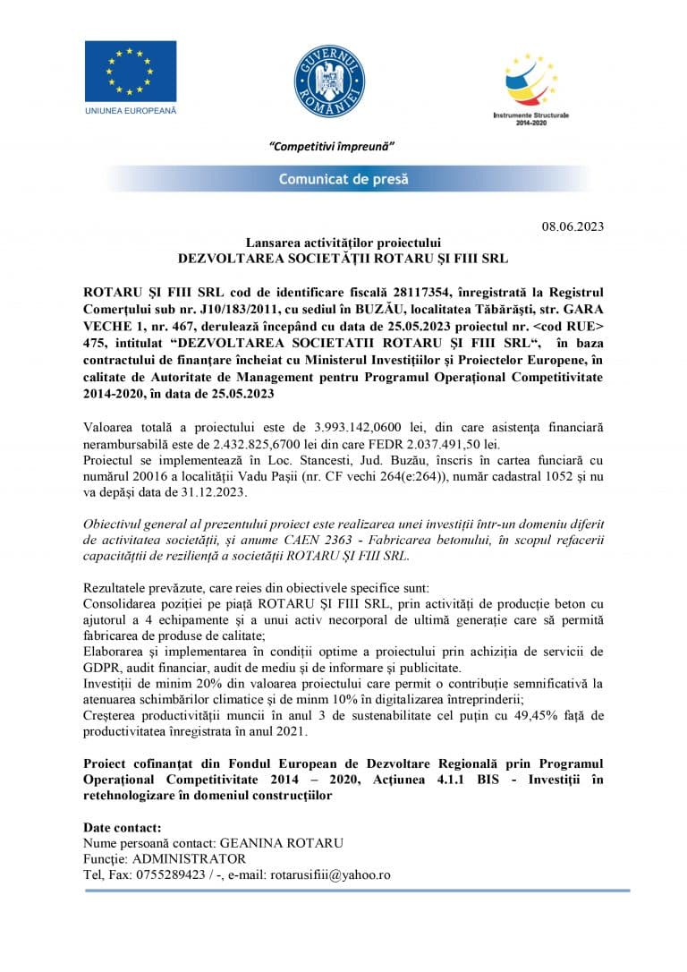 Comunicat de presă ROTARU ŞI FIII SRL