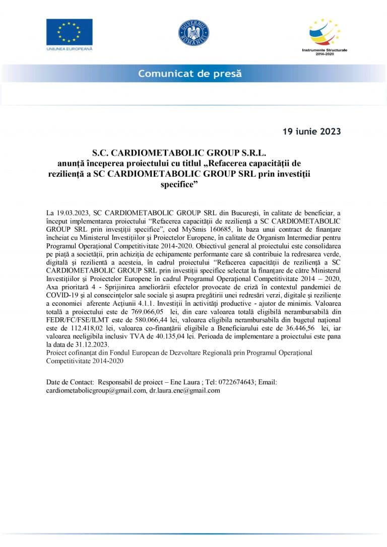 Comunicat de presă S.C. CARDIOMETABOLIC GROUP S.R.L.