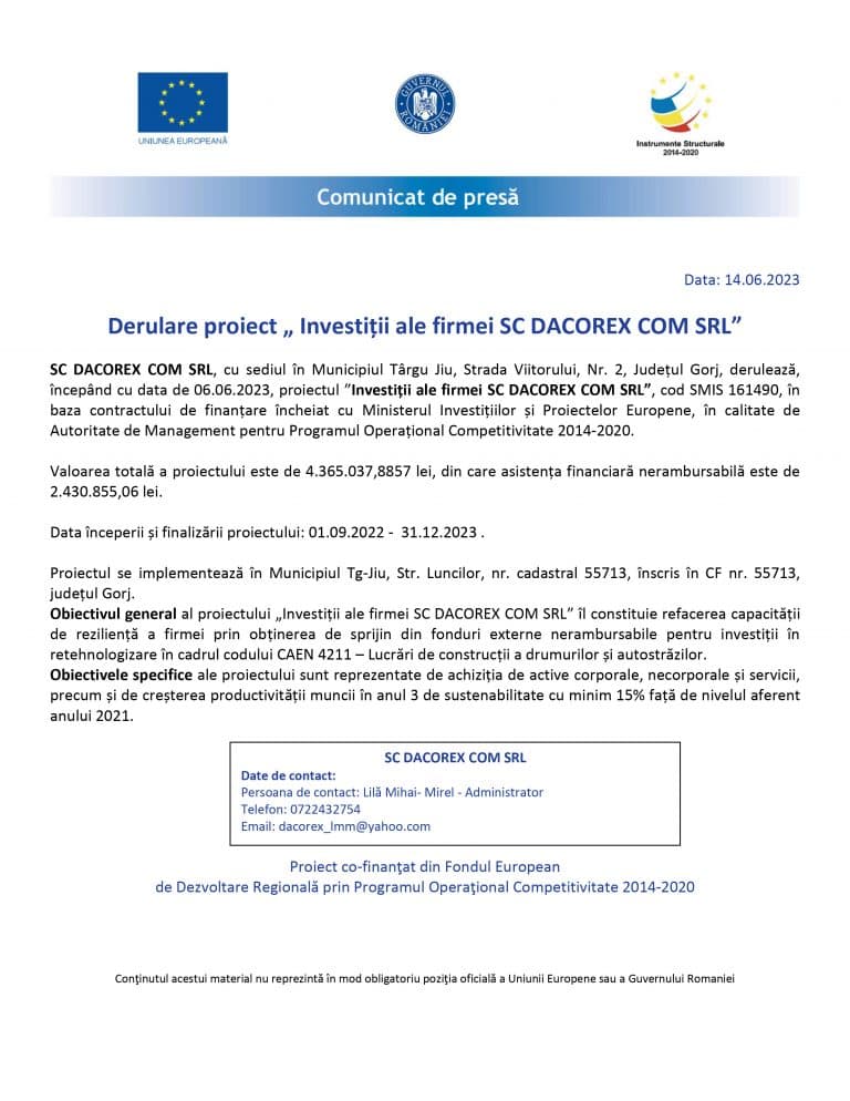 Comunicat de presă SC DACOREX COM SRL