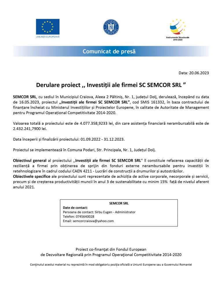 Comunicat de presă SEMCOR SRL