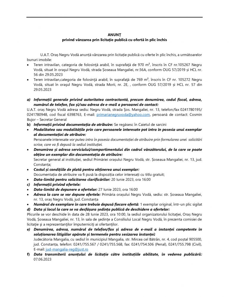 Comunicat de presa UAT Oras Negru Voda