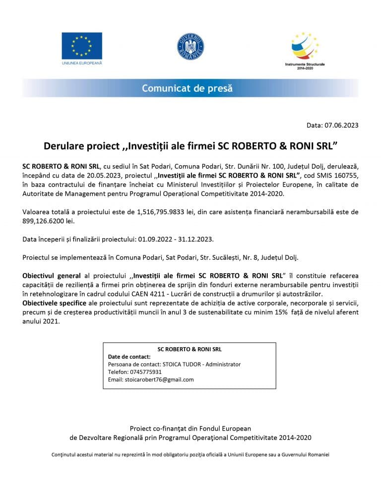 Comunicat de presă SC ROBERTO & RONI SRL