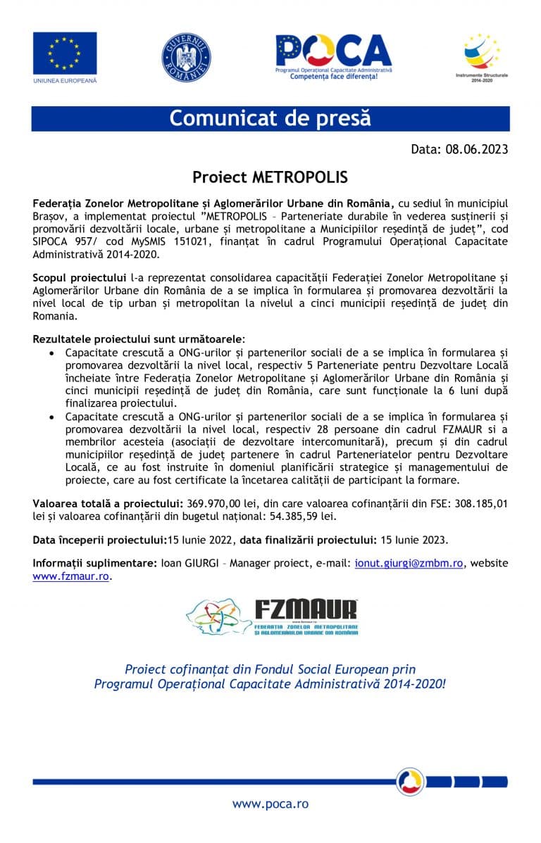 Comunicat de presă Federația Zonelor Metropolitane și Aglomerărilor Urbane din România