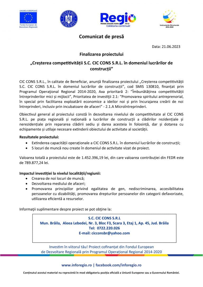 Comunicat de presă SC CIC CONS SRL