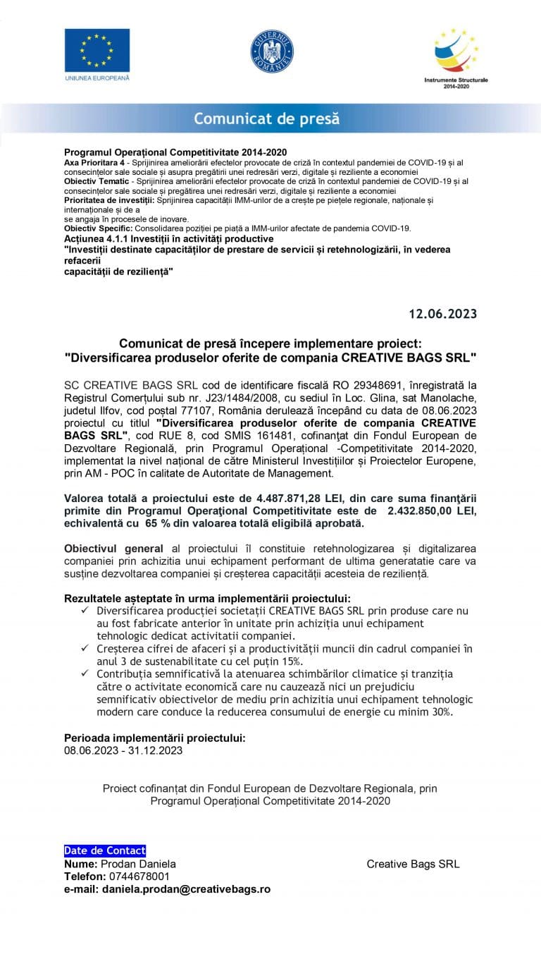 Comunicat de presă SC CREATIVE BAGS SRL