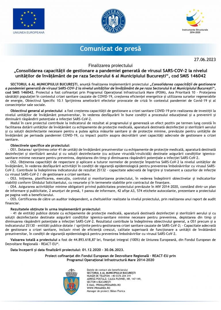 Comunicat de presă Sectorul 6 al Municipiului București