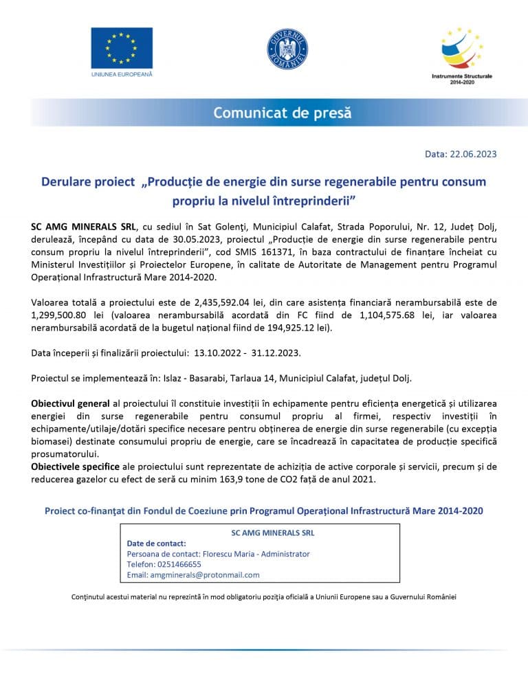 Comunicat de presă SC AMG MINERALS SRL