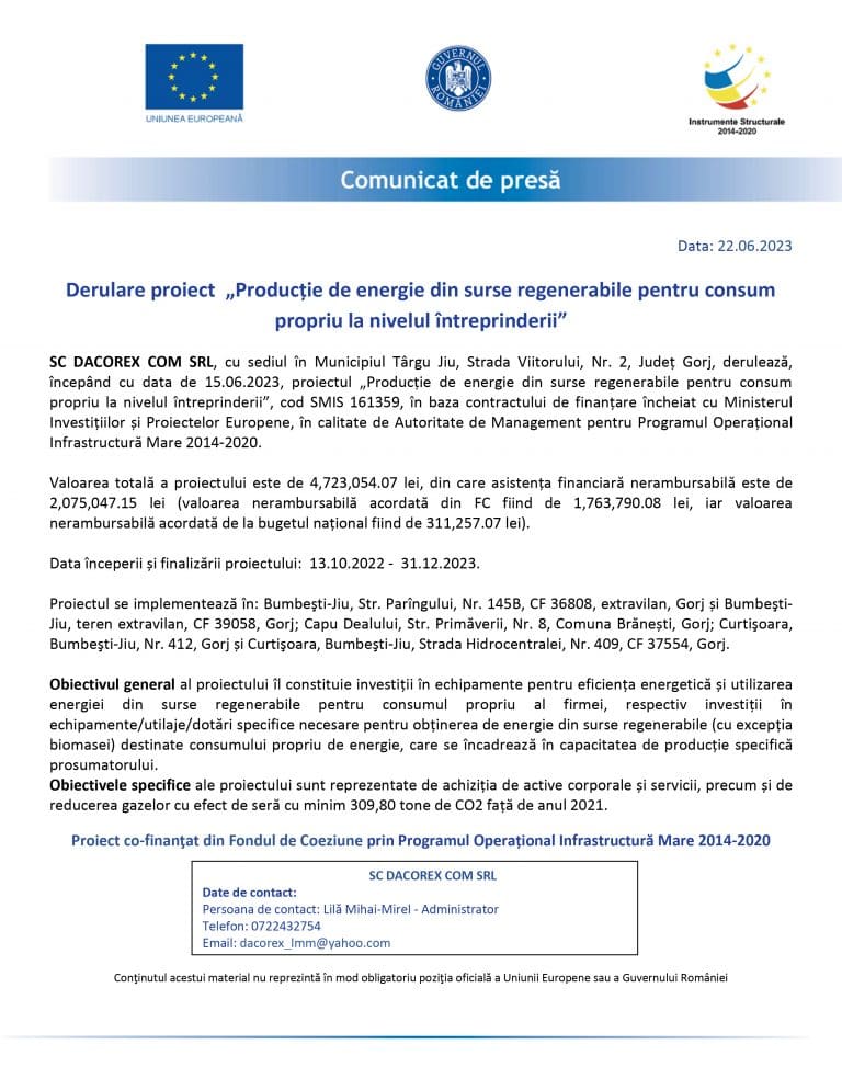 Comunicat de presă SC DACOREX COM SRL