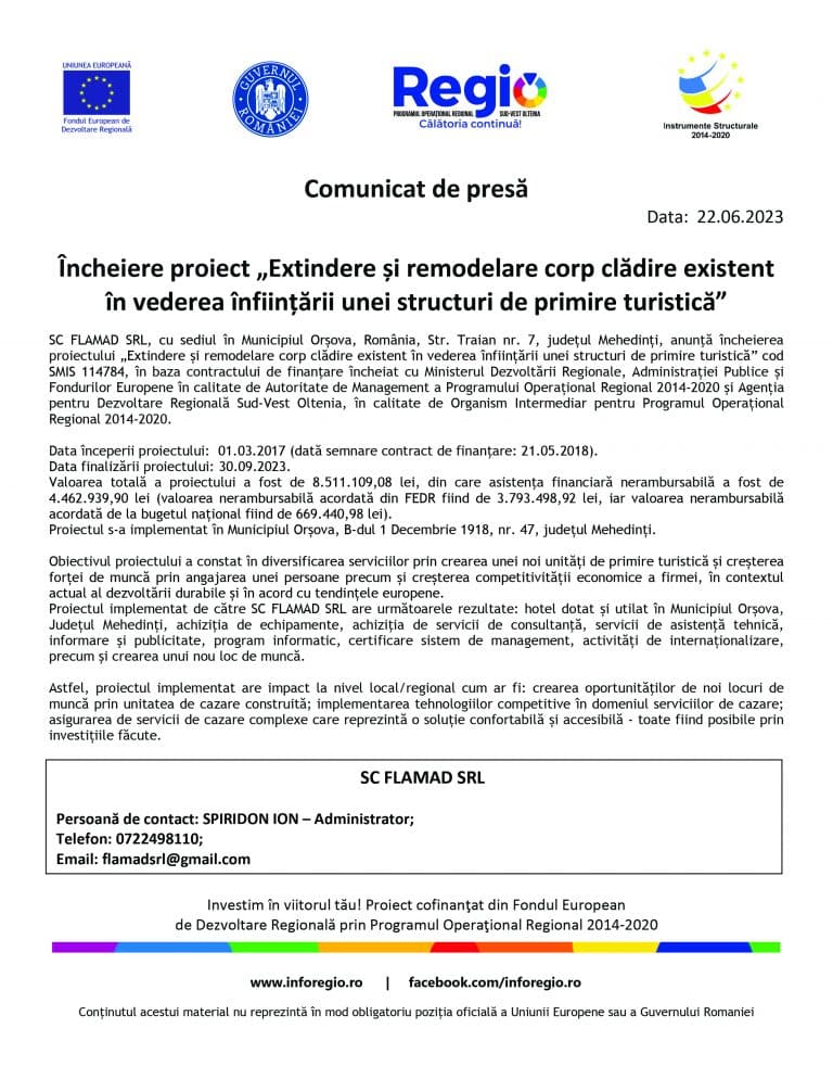 Comunicat de presă SC FLAMAD SRL