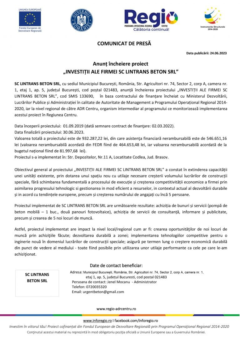 Comunicat de presă SC LINTRANS BETON SRL