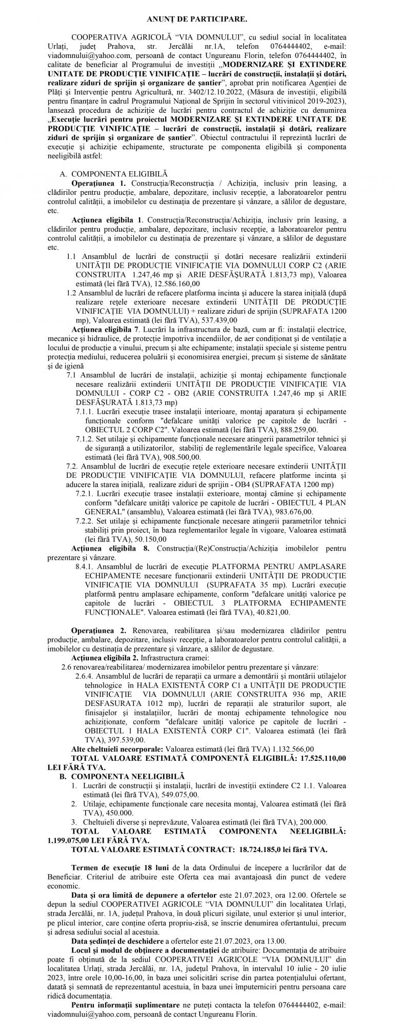 Anunț de participare Cooperativa Agricolă “Via Domnului”