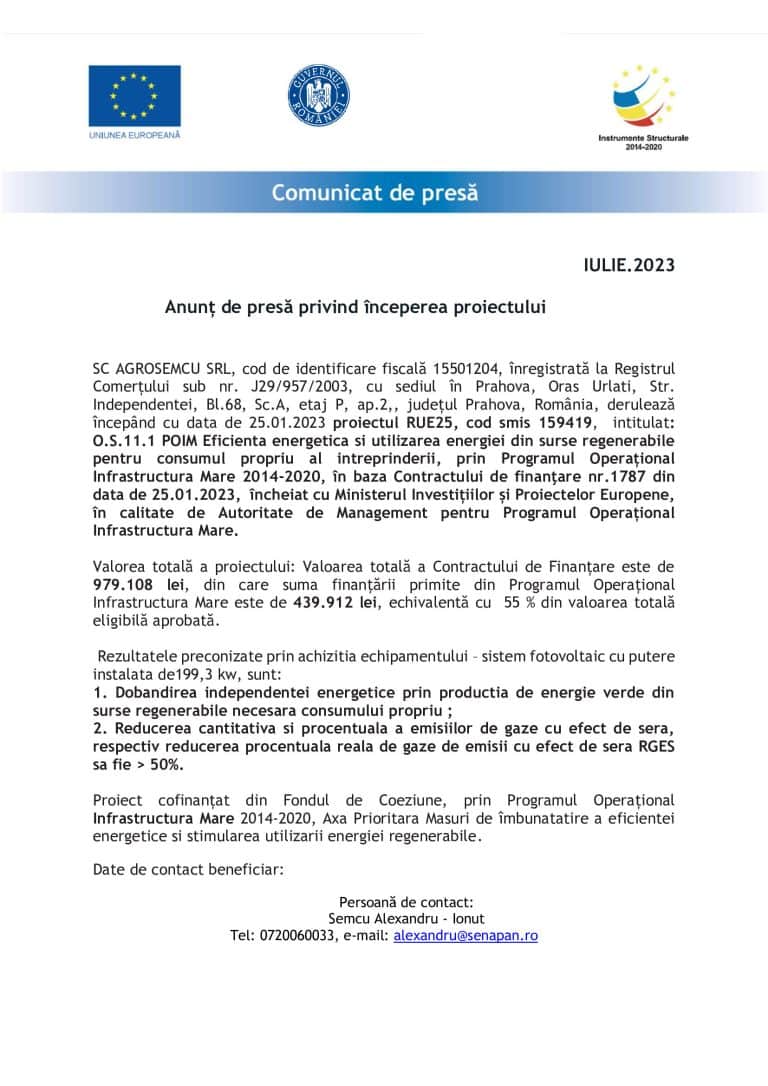 Comunicat de presa AGROSEMCU SRL