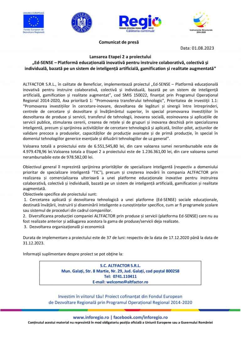 Comunicat de presă ALTFACTOR S.R.L.