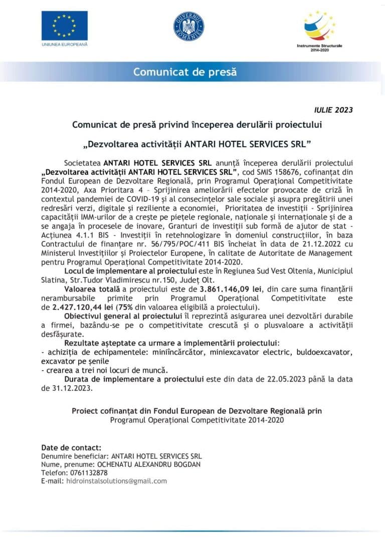 Comunicat de presa Antari Hotel Services SRL