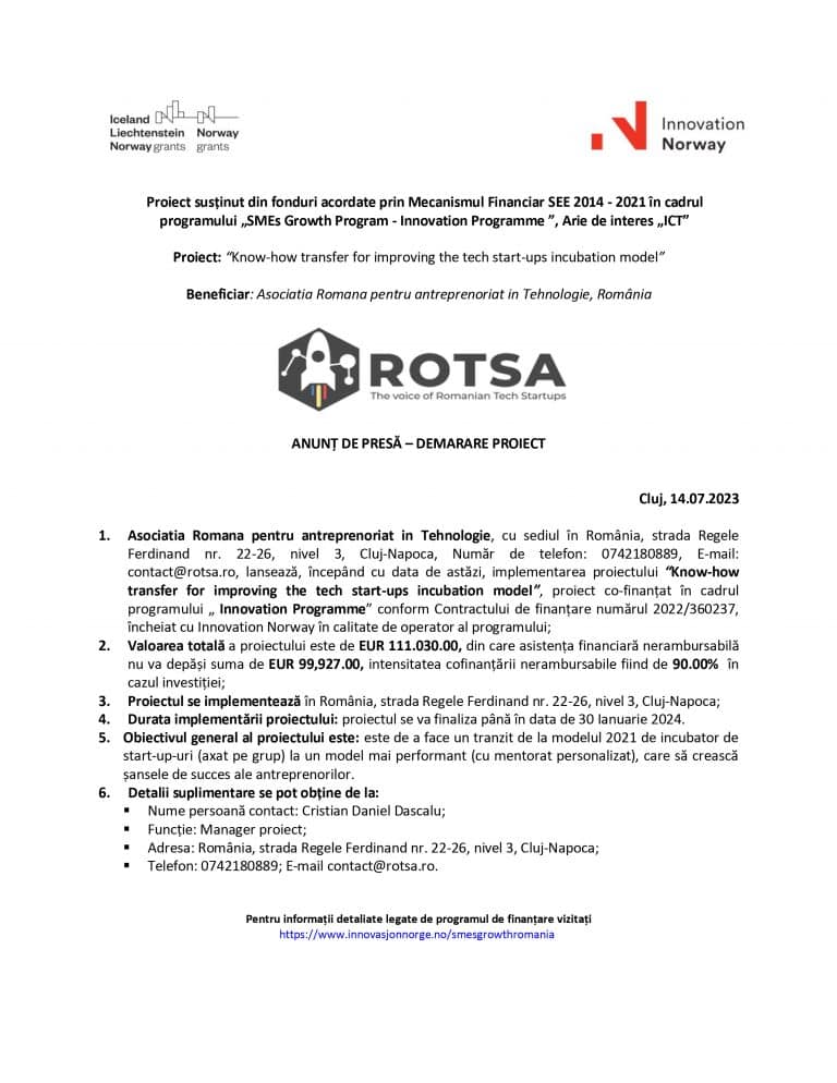 Comunicat de presă ASOCIAȚIA ROMÂNĂ PENTRU ANTREPRENORIAT ÎN TEHNOLOGIE