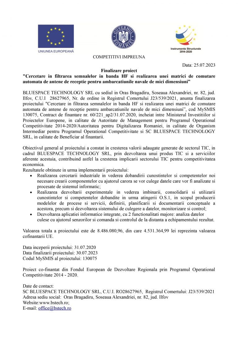 Comunicat de presă BLUESPACE TECHNOLOGY SRL