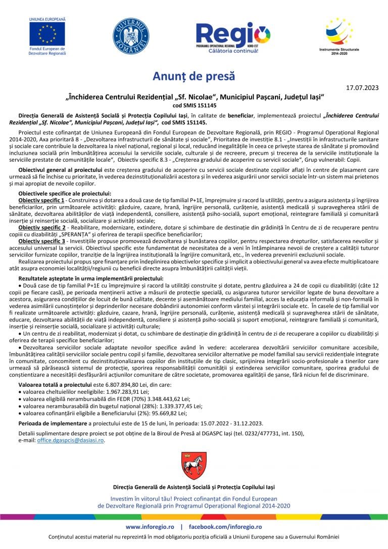 Comunicat de presă Direcția Generală de Asistență Socială și Protecția Copilului Iași