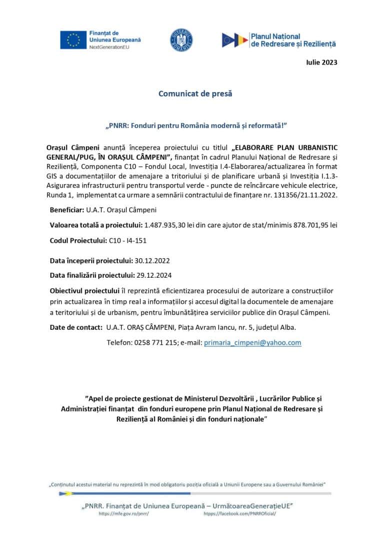 Comunicat de presă Orașul Câmpeni