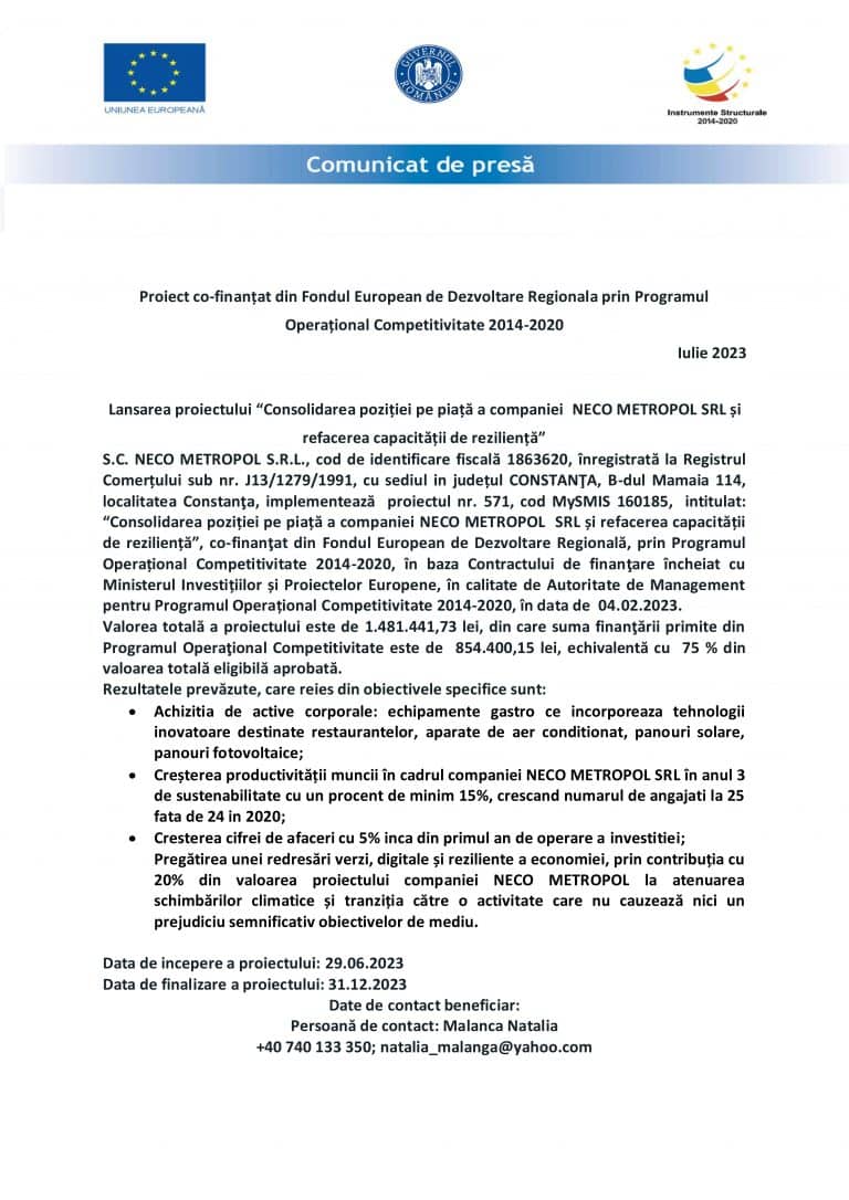 Comunicat de presă S.C. NECO METROPOL S.R.L.