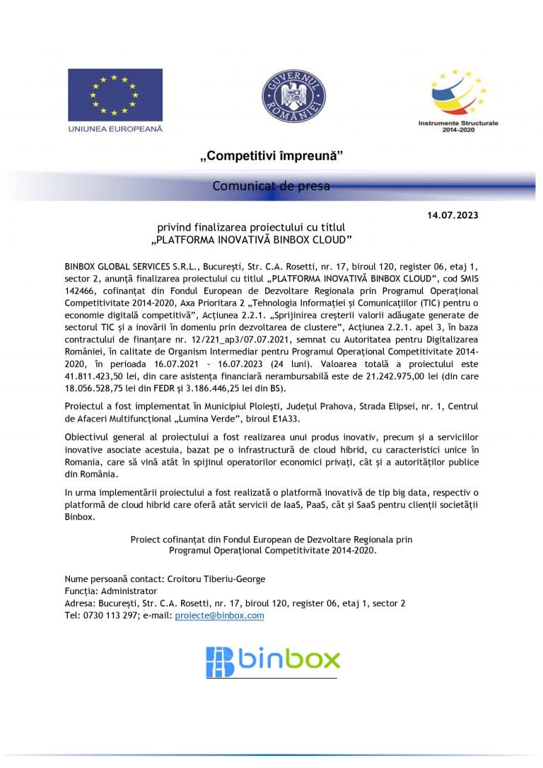 Comunicat de presă SC BINBOX GLOBAL SERVICES S.R.L.