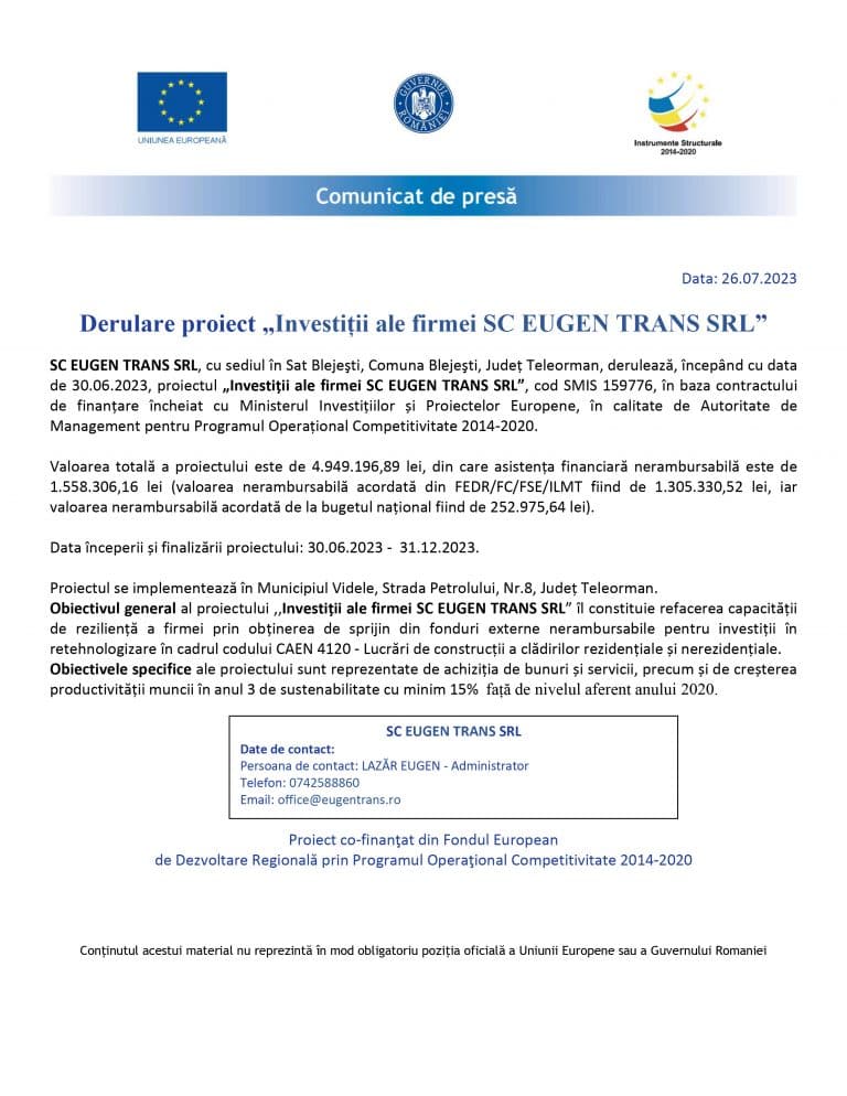 Comunicat de presă SC EUGEN TRANS SRL