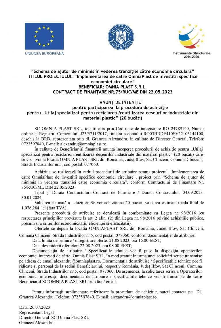 Comunicat de presă SC OMNIA PLAST SRL