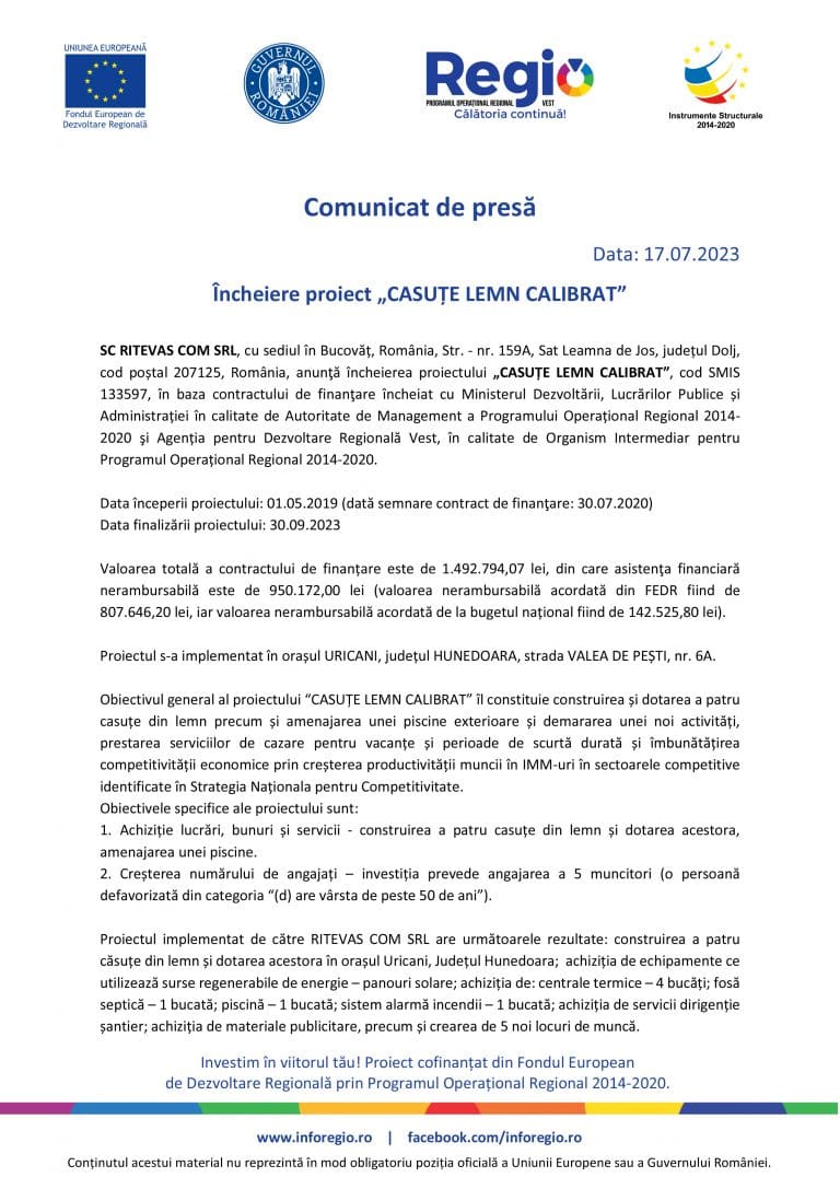 Comunicat de presă SC RITEVAS COM SRL