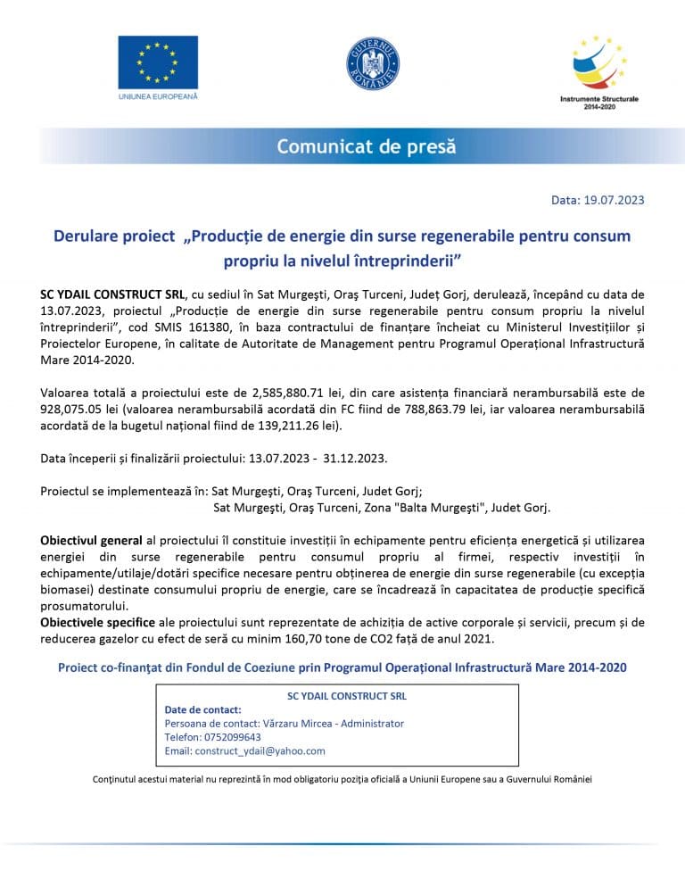 Comunicat de presă YDAIL CONSTRUCT