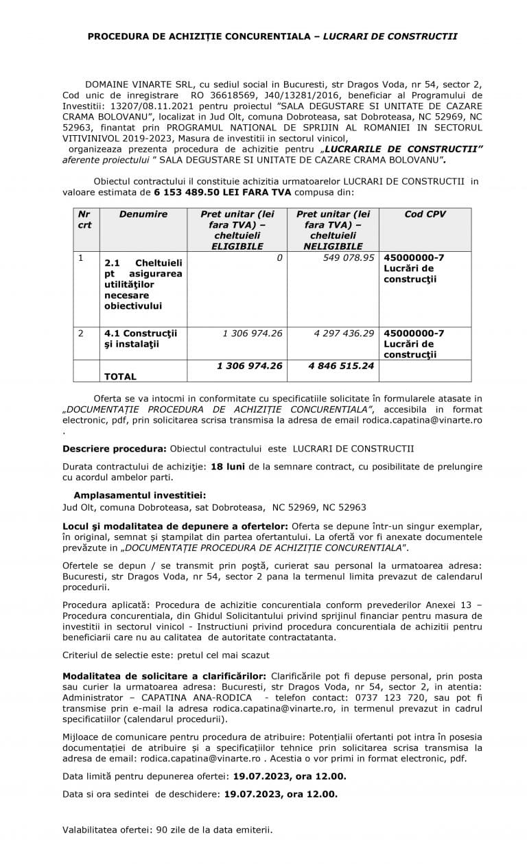 Achizitie publica DOMAINE VINARTE SRL