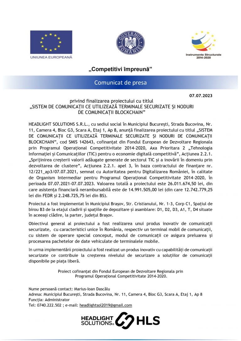 Comunicat de presă HEADLIGHT SOLUTIONS S.R.L.