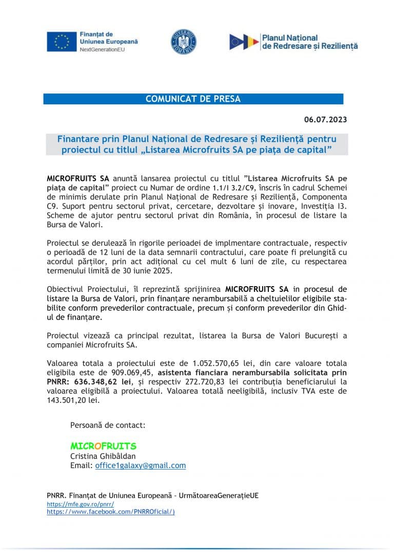Comunicat de presă MICROFRUITS SA