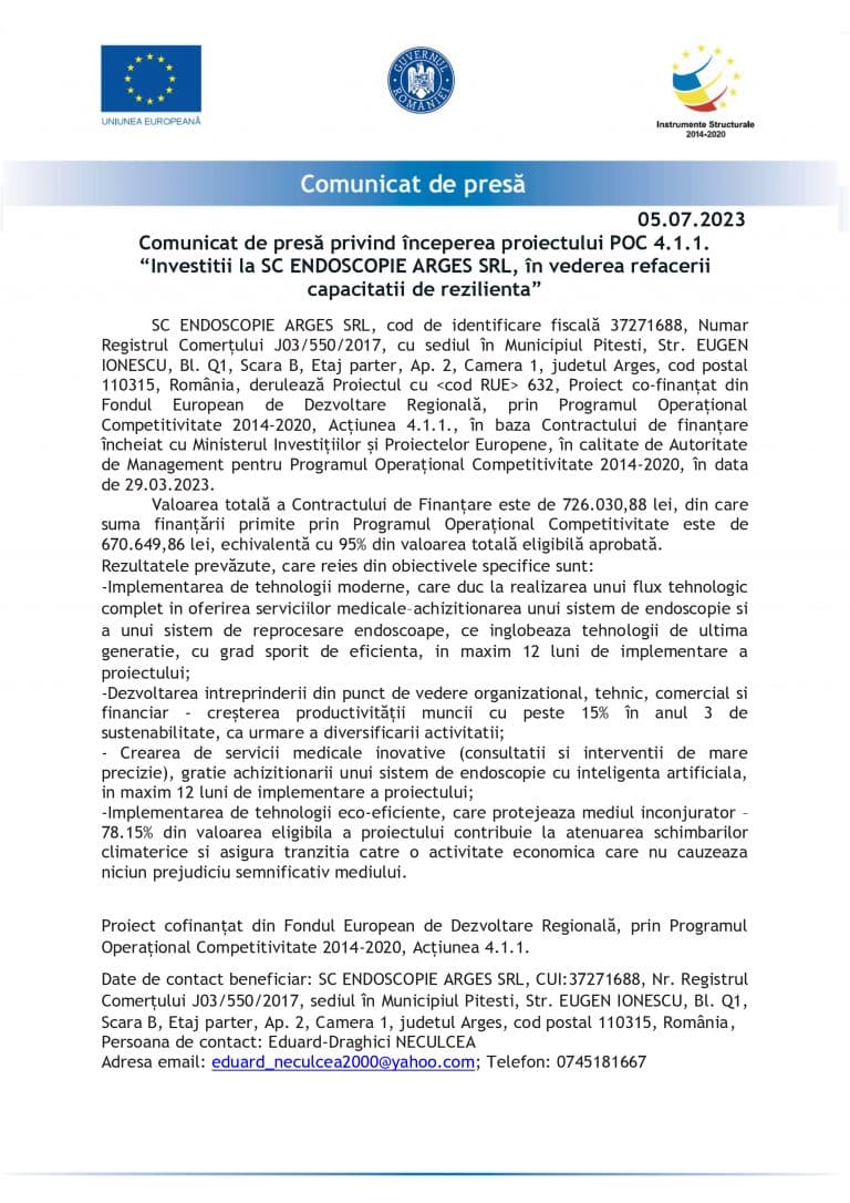 Comunicat de presă SC ENDOSCOPIE ARGES SRL