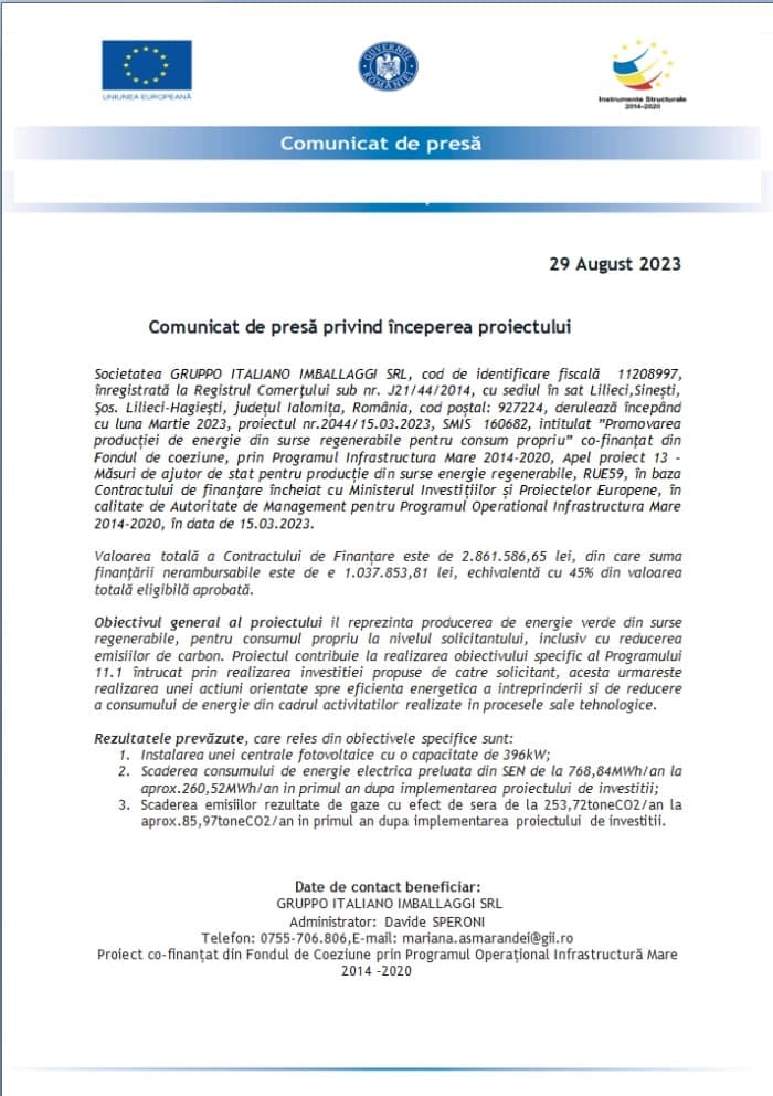 Comunicat de presa – Gruppo Italiano Imballaggi SRL