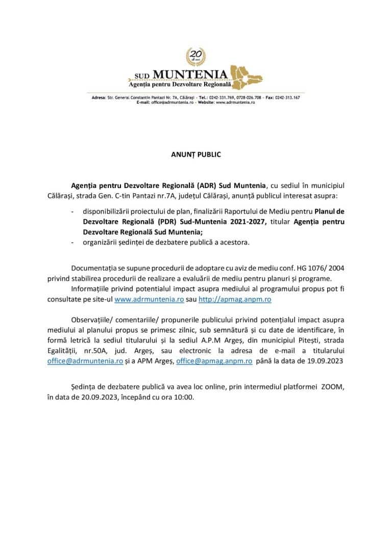 Anunț public Agenția pentru Dezvoltarea Regională (ADR) Sud Muntenia