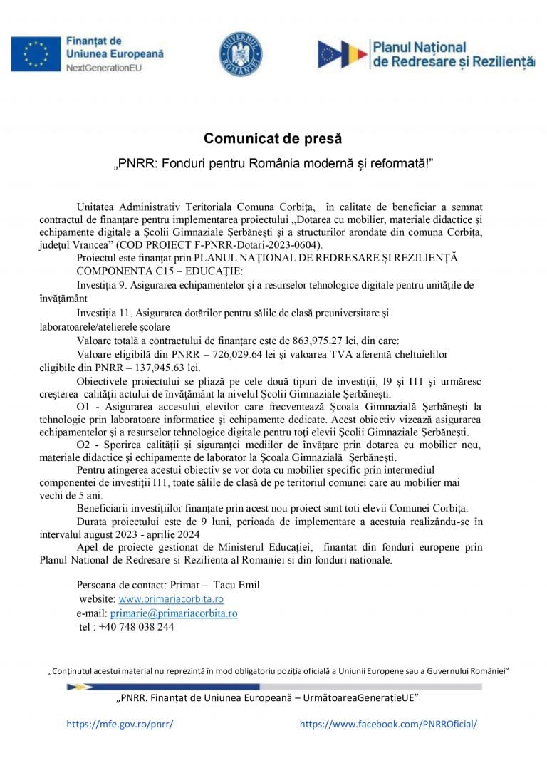 Comunicat de presă Unitatea Administrativ Teritorială Comuna Corbița