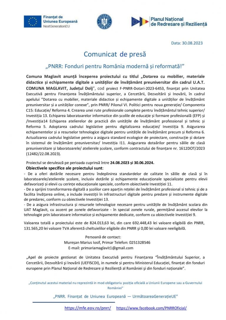 Comunicat de presa Comuna Maglavit