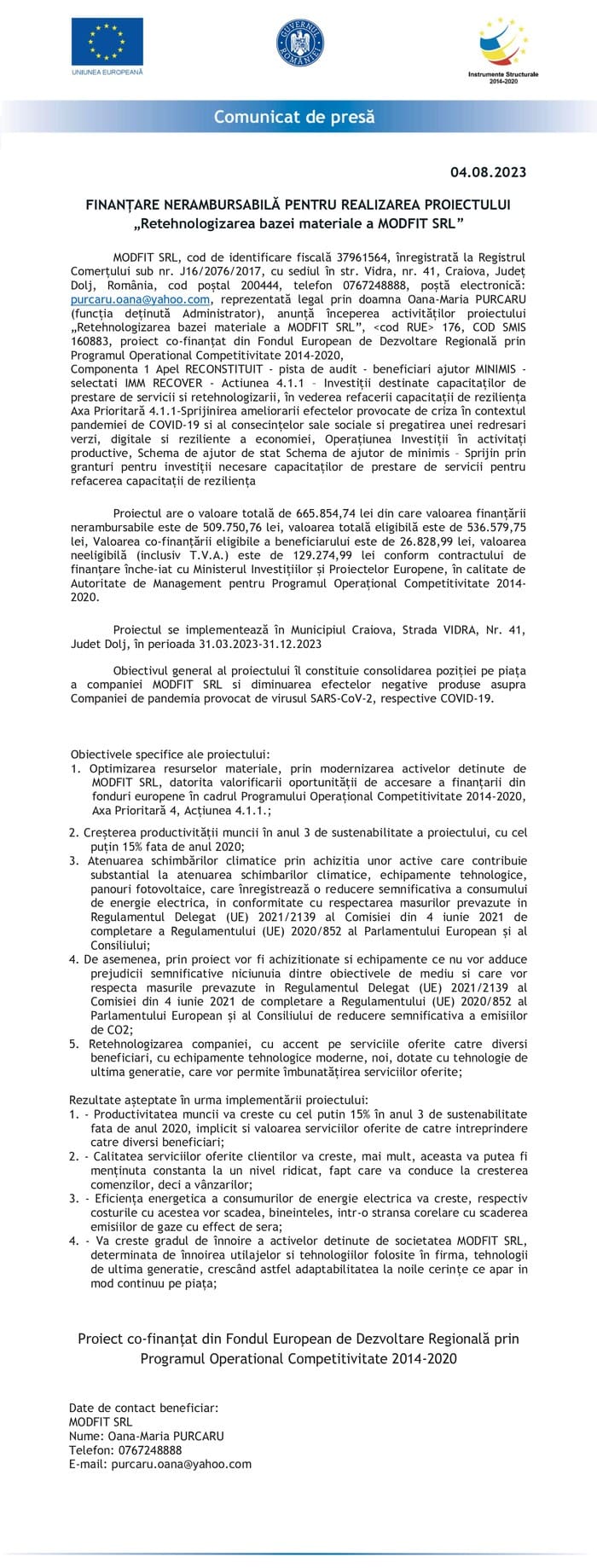 Comunicat de presă MODFIT SRL