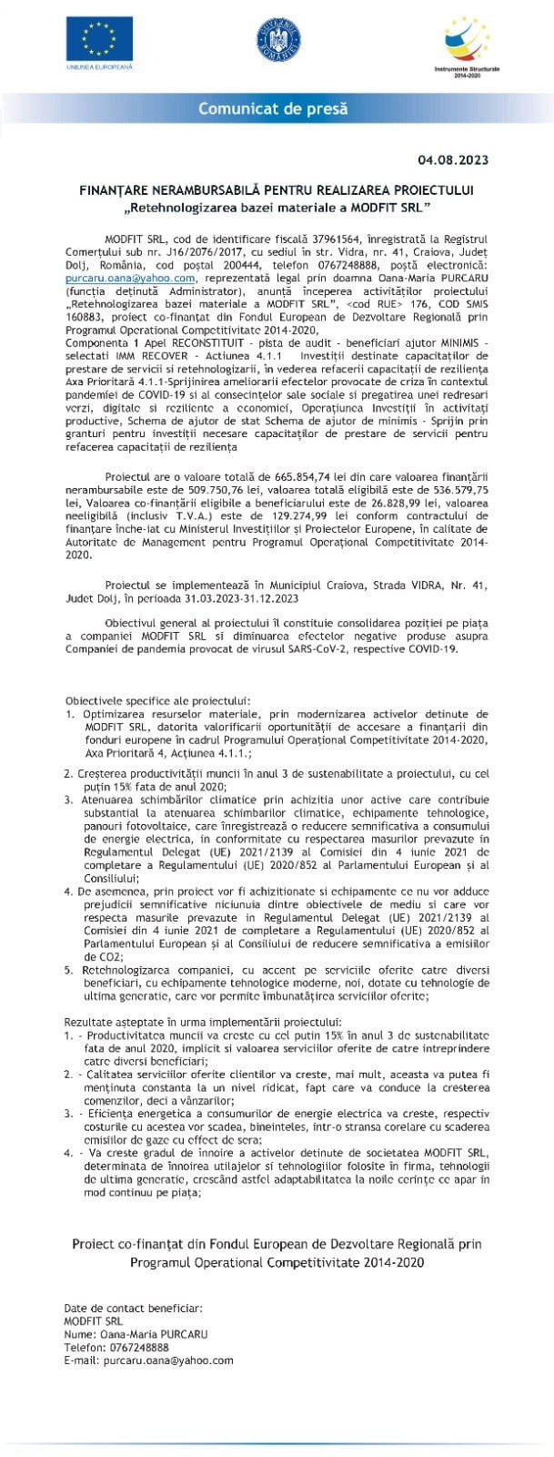 Comunicat de presă MODFIT SRL