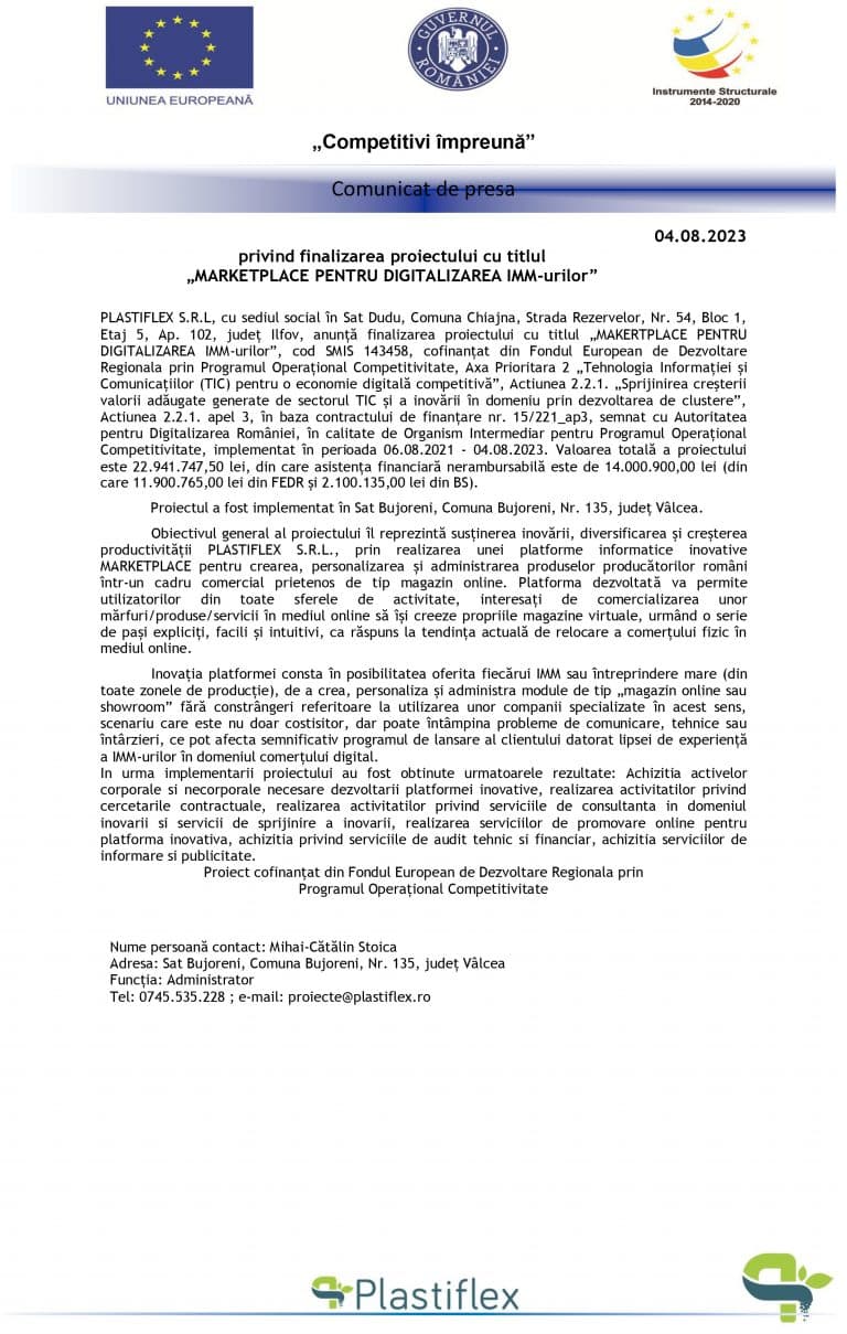 Comunicat de presă PLASTIFLEX S.R.L