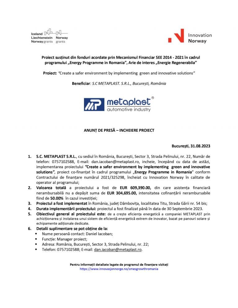 Comunicat de presă S.C. METAPLAST S.R.L