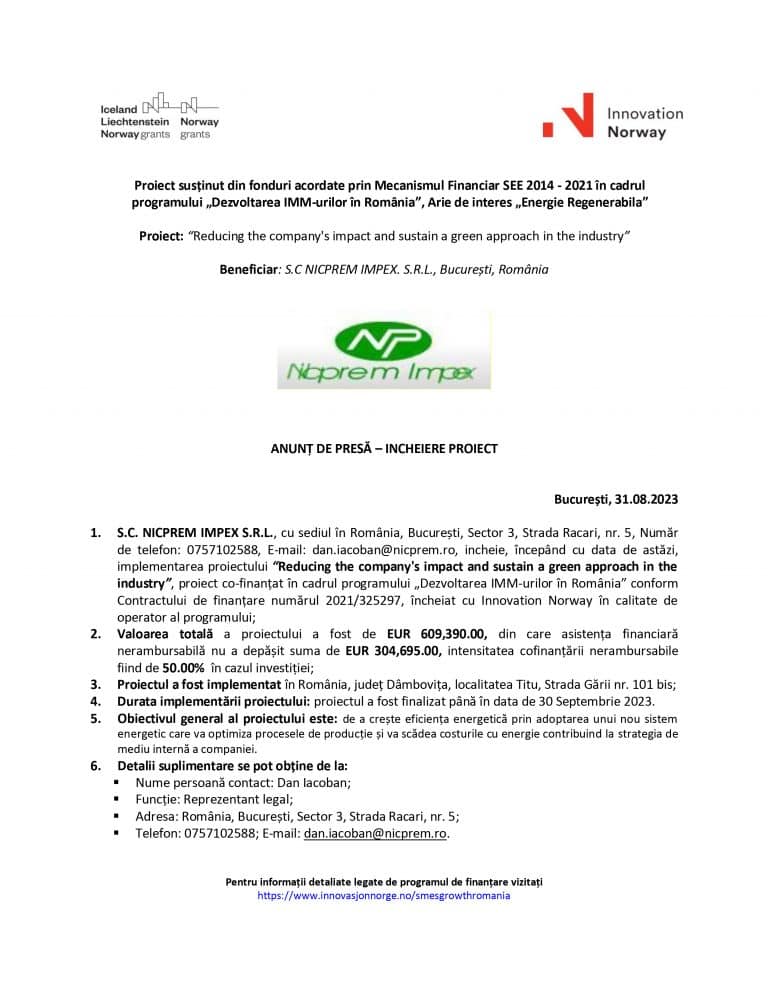Comunicat de presă S.C. NICPREM IMPEX S.R.L.