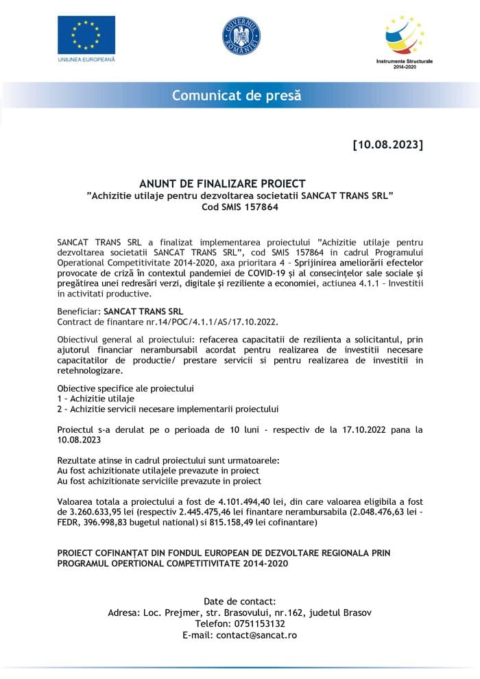 Comunicat de presă SANCAT TRANS SRL