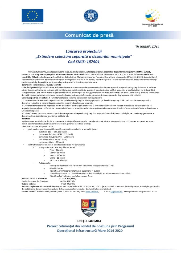 Comunicat de presa UAT Judetul Ialomita