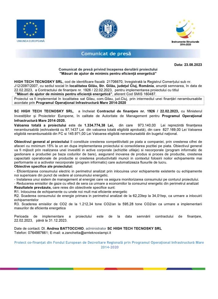 Comunicat de presa HIGH TECH TECNOSKY SRL