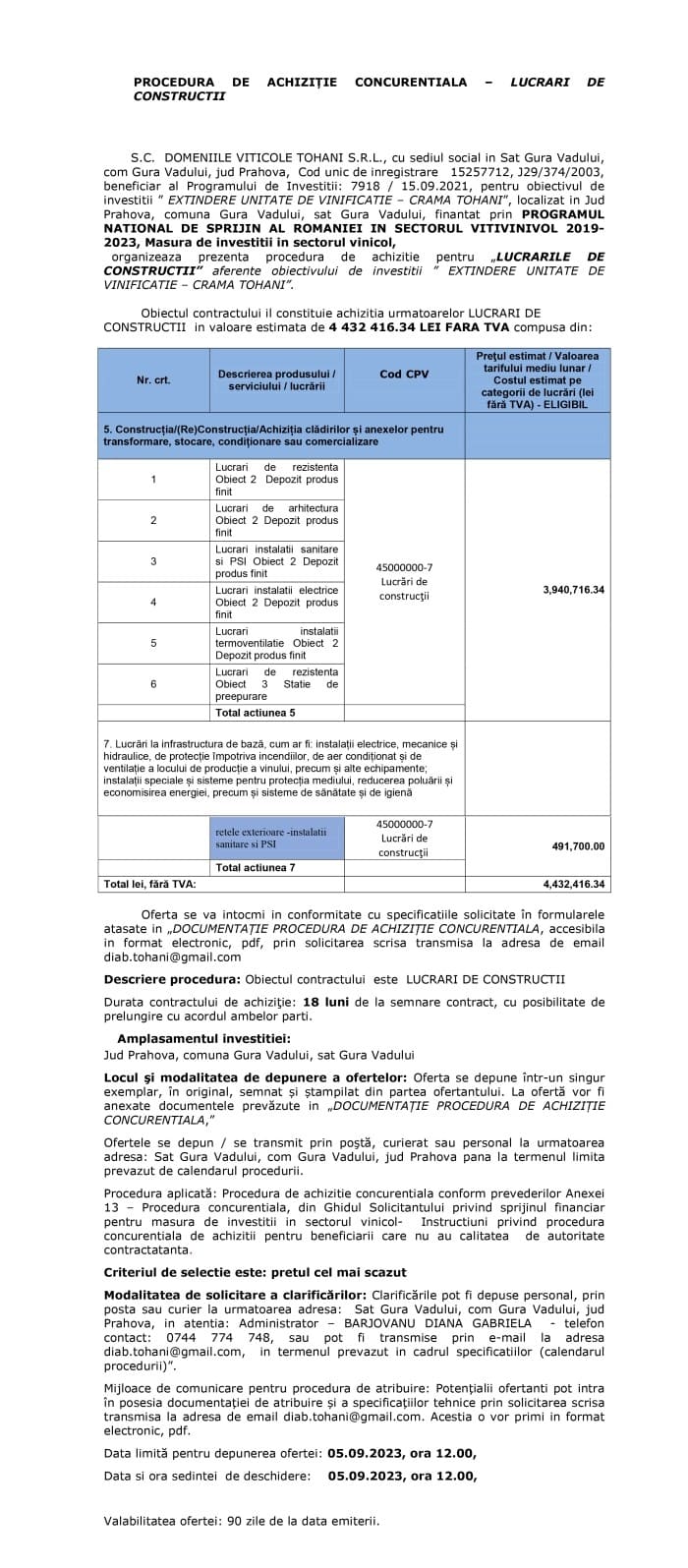 Anunț S.C. DOMENIILE VITICOLE TOHANI S.R.L.