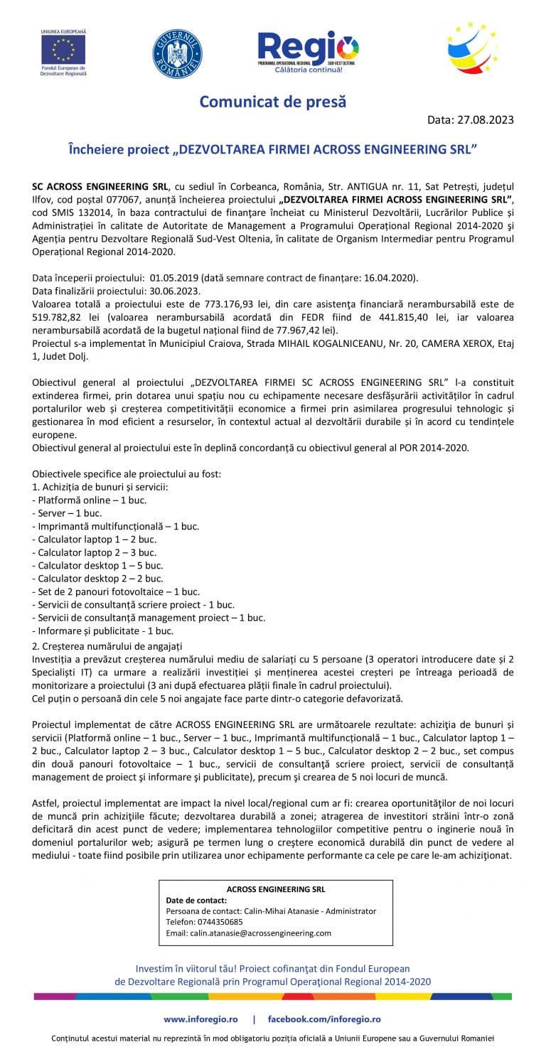 Comunicat de presa ACROSS ENGINEERING SRL