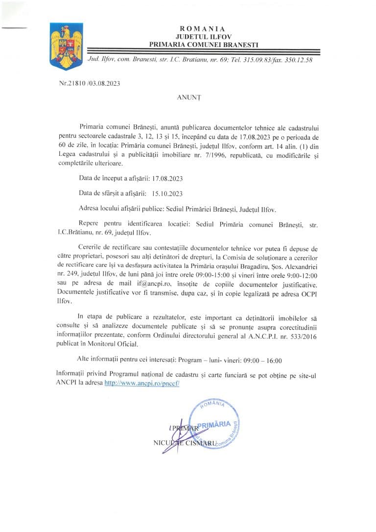 Comunicat de presă Primăria Brănești