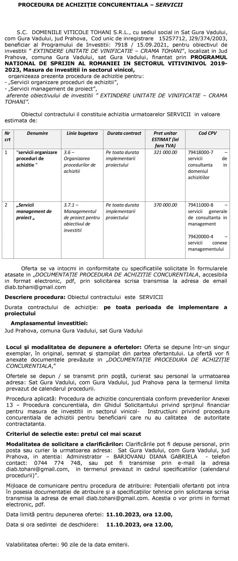 Anunt S.C. DOMENIILE VITICOLE TOHANI S.R.L.