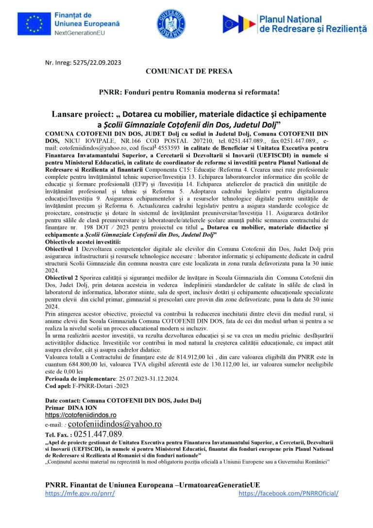 Comunicat de presă COMUNA COȚOFENII DIN DOS