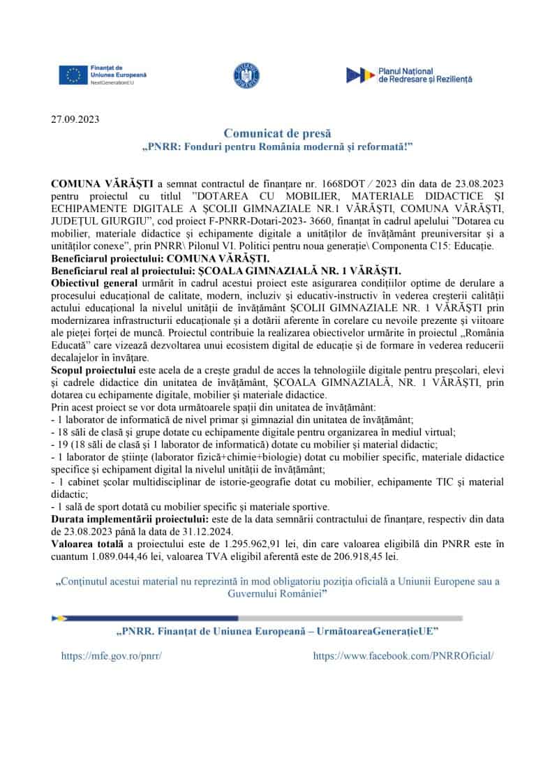 Comunicat de presă Comuna Vãrãști